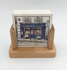 Ceramic Tile Drink Coasters French Cafe Scene Set Of 4 w Stand Cork Back 4"X4"