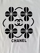 “Chanel” T-shirt Womens Medium White Black Floral Logo Rhinestones Combed Cotton