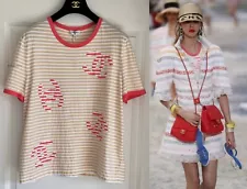 NWT $2150 19S CHANEL BEIGE WHITE PINK STRIPED CC LOG TEE T-SHIRT TOP 46