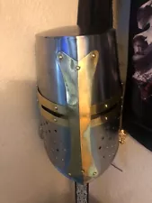 Medieval Knight Armor Crusader Templar Helmet Great Helm w/ Mason's Brass Cross