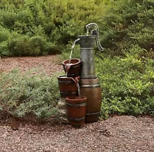 Alpine Corporation Vintage Farmhouse Barrel 24" Brown Garden Fountain In/Outdoor