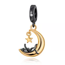 Sale Black Gold Two Tone Cat Moon Dangle Authentic S925 Silver Bracelet Charm