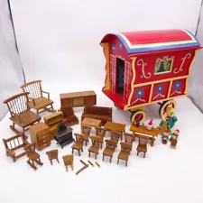 Romany Gypsy Caravan Wagon Model Dollhouse Toy Hand Painting w/ Furniture & Accs