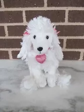 White Poodle Dog10" Plush Sitting Pink Hair Bows Pink Metallic Heart Collar