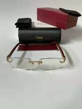 Classic Cartier Rimless Eyeglass Frames with Vintage Wood and Gold Accents