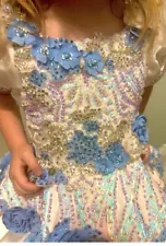 Custom Little Girls Semi Glitz Pageant Dress. Adjustable Snaps. White Blue. 4/5