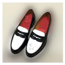 Handmade Men's Black & White Penny Loafer Plain Toe Comfortable Shoes, Sale !!!