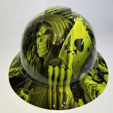 FULL BRIM Hard Hat custom hydro dipped in HI VIS GREEN ACE OF SKULLS NEW