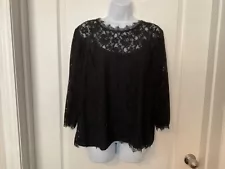 Talbots Black Lace Lined 3/4 Sleeve Blouse Top Size 16 -B18