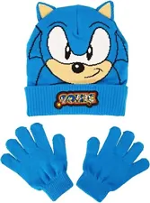 SONIC the HEDGEHOG Cuffed Hat & Gloves Set Knit Winter Beanie w/ 3D Ears NWT $25