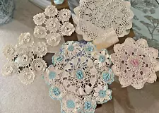 VINTAGE IVORY COTTON HAND WORKED IRISH LACE TABLE MATS/DOILIES~RAISED FLOWERS