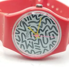 80's Vintage Swatch 10.24g Women's Red Squiggly Quartz Wristwatch 7"