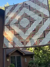 Antique Log Cabin hand quilted quilt 72"x72", new backing edging batting