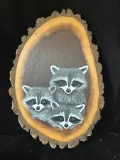 Hand Painted Raccoons on Live Edge Walnut - Ralph Rutkowski - Plaque Cabin Wood