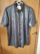 JOGAL NEW MEN'S 70'S DISCO METALLIC SEQUIN SHORT SLEEVE SHIRT LARGE