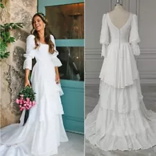 Vintage White Wedding Dresses Floral Sleeve Ruffle Tiered Lace Skirt Bridal Gown