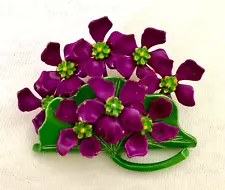 VINTAGE Metal / Enamel PURPLE FLOWERS BOUQUET BROOCH ~ For Get Me Nots ~ LEAVES