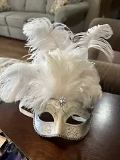 Mardi Gras White Party Masquerade Costume Mask with Jewels Feathers Glitter