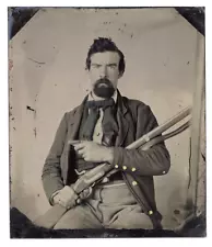 CIVIL WAR SOLDIER with DERRINGER PISTOL & LONG RIFLE in UNIFORM -ANTIQUE TINTYPE