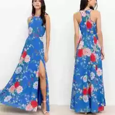 YUMI KIM Dream Maxi Dress Komodo Azure Sz 4 Blue Floral High Slit Sleeveless