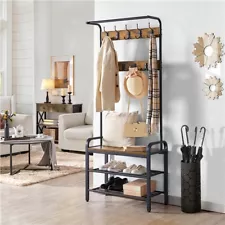 Industrial Hall Tree with Bench & Shoe Storage Coat Rack Shoe Bench with 9 Hooks