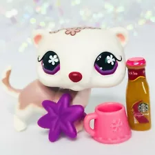 Authentic Littlest Pet Shop LPS #749 White Ferret Weasel Plum Purple Flower Eyes