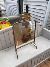 Victorian Brass Mirrored Fire Screen, Hand Painted Flowers, Bevelled For Repair