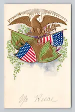 Postcard Patriotic Irish American Flag & Harp, Antique D3