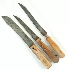 Carbon Steel Chef Butcher Knife Wood Handle Cutlery Vintage Lot Of 3