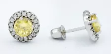 YELLOW TOPAZ 0.88 Cts & WHITE SAPPHIRE STUD EARRINGS .925 Silver - Screw backs