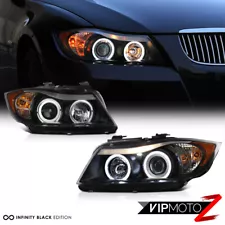 2006-2008 BMW E90 3-Series Sedan Black LED Angel Eye Halo Projector Headlights (For: 2007 BMW 335xi)