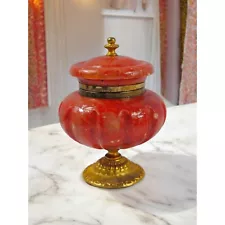 Antique Red Orange Alabaster Lidded Hinged Urn With Brass Base & Details 5" Tall