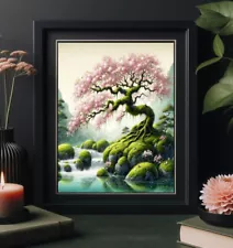 Japanese Pink Cherry tree Blossom Flower Water Vintage wall art painting print