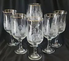 6 ~Vtg ~Arby's/Libbey~Winter~Frosted~Wine/Water Glasses~Etched Pattern ~Gold Rim