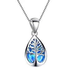 Hawaiian Blue Fire Opal Tree of Life Necklace Silver Filled For Women Girls