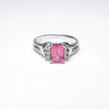 Estate 14K White Gold 1.00 Ct Natural Emerald Cut Pink Tourmaline Diamond Ring