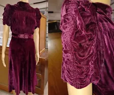 1930s Silk Velvet Fancy Dress Smocking on Bodice & Shirred Sleeves - Self Belt