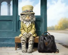 Cute Cat Waiting for the Bus Whimsical Painting Giclee Fine Art Print D48