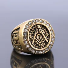 Gold Plated Vintage Zircon Diamonds Freemason Masonry Master Masonic Men Ring