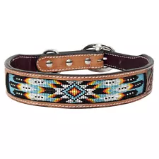 14RI Large Strong Genuine Leather Dog Collar Beaded Hand Tooled Hilason