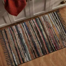 Leather Chindi Rag Rug Multi-colored Earthtones 24"x36" Boho Farmhouse