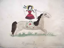 Antique ORIG 1853 GIRL HORSE Miniature Folk Art Primitive Watercolor Painting