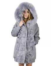 Sapphire grey coat 48, Persian and fox wool, hood, elastic zip, cuffs and hem