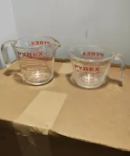 Vintage 2pc 508 516 Pyrex Glass Measuring Cup Red Lettering Open 1 Cup & 2 Cup