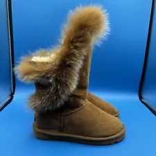 Ugg Australia Fox Fur chestnut Suede Sheepskin Lined Women’s Size 8 Boots