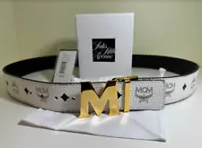 NEW ADJUSTABLE REVERSIBLE WHITE TO BLACK MCM BELT GOLD BUCKLE