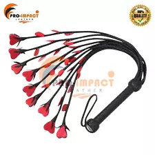 Genuine Leather Cat-O-Nine Flogger 09 Braided Tails with Red Hearts & Red Petals