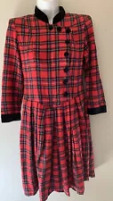 Vintage RJ Stevens Red Plaid Dress 2 Petite w/ Velvet Trim and Buttons SALE