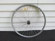 24" Mountain Bike front wheel, factory silver paint, spins true, rusty spokes