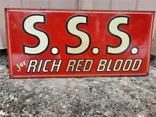 OLD VINTAGE ANTIQUE S.S.S. FOR RICH RED BLOOD EMBOSSED METAL QUAKE SIGN MADE USA